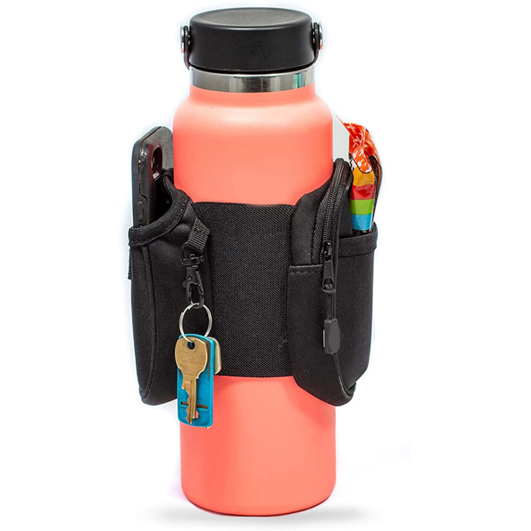 Gym Water Bottle Pouch Sleeve with Zipper Side Storage Pockets