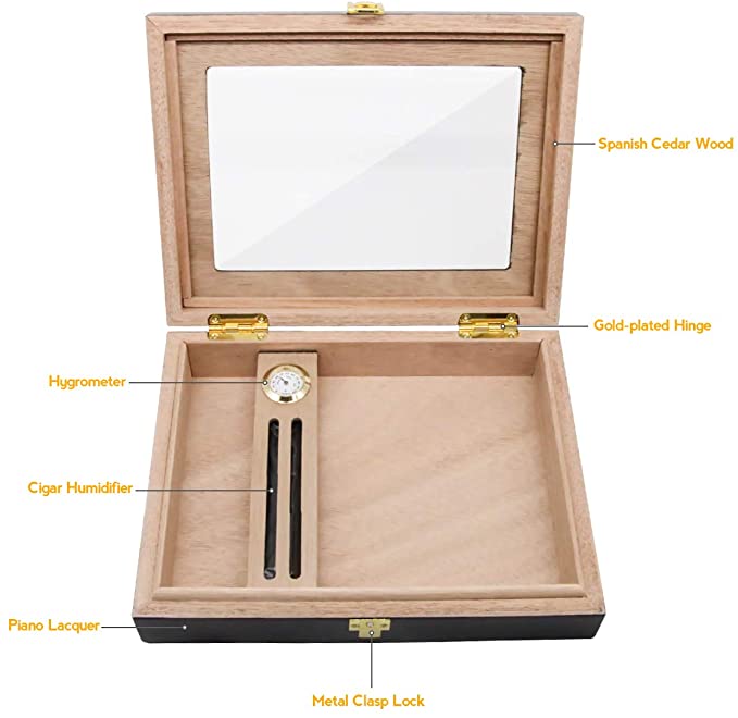 Humidor Clasp Lock Cigar Storage Box w/ Hygrometer and Humidifier